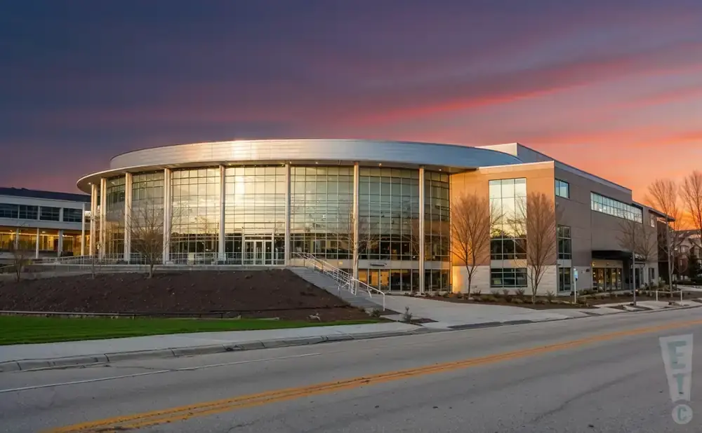 Modern circular building with large glass windows under a colorful sunset sky.