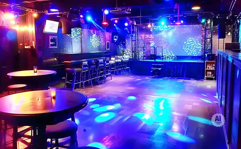 A nightclub stage with a screen, bar, tables, and dance floor lit with blue and purple lights.