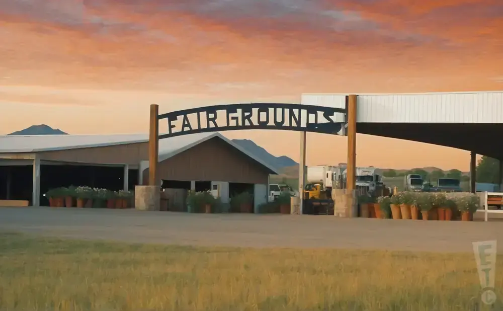 Fair Grounds archway over a road with buildings and parked trucks under a colorful sunset sky.