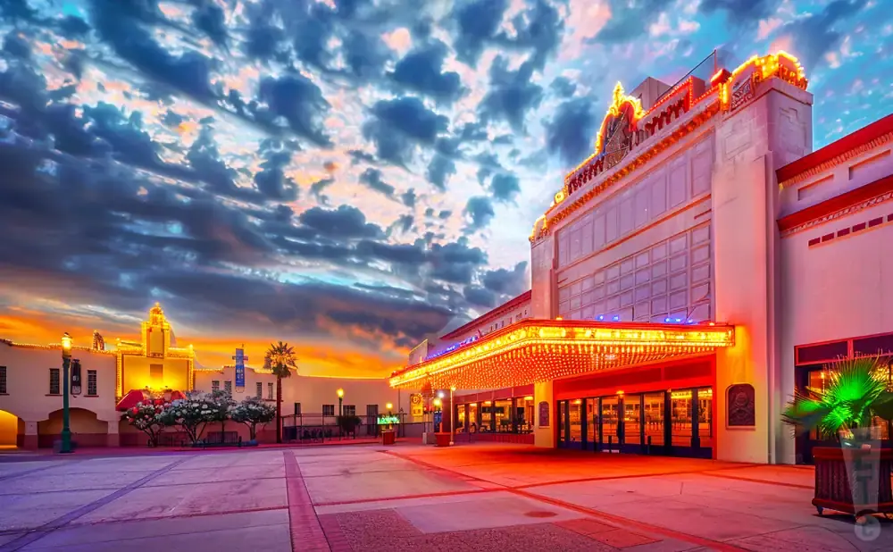 An ornate theater glows with marquee lights under a dramatic sunset sky.