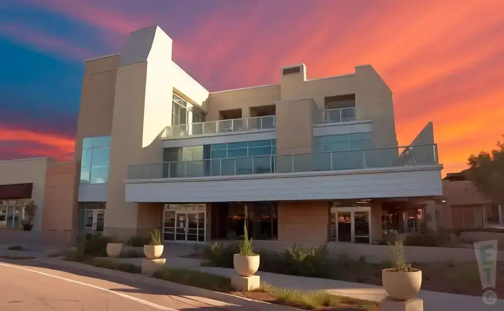 Modern building with glass balconies against a vibrant sunset sky.