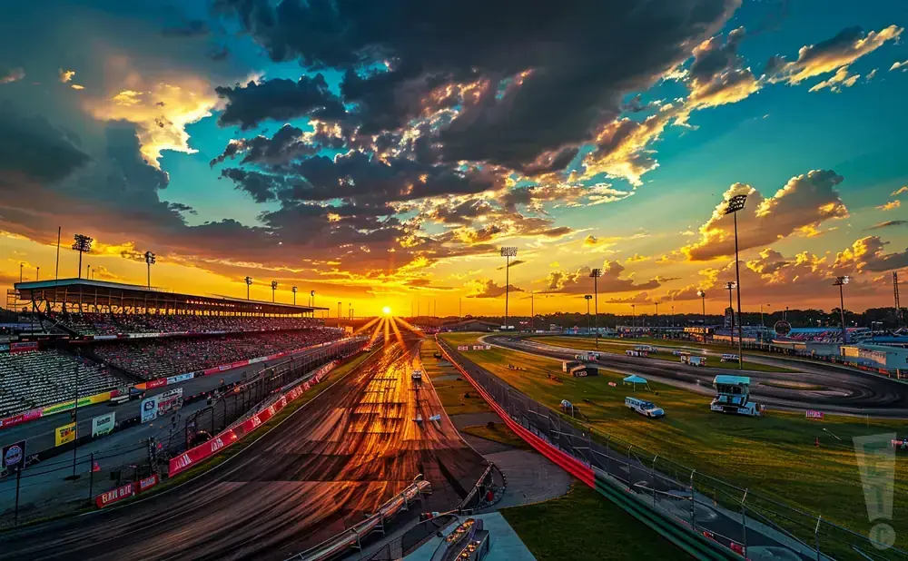 Sunset over a drag racing track with grandstands filled with spectators and dramatic clouds.