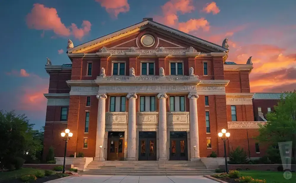 Grand brick building with columns and ornate detailing, set against a dramatic sunset sky.