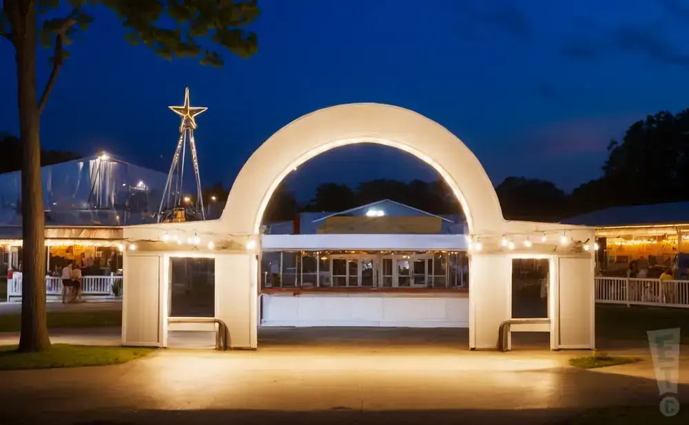 An illuminated archway at night frames a building with a star-topped tower and tented areas.