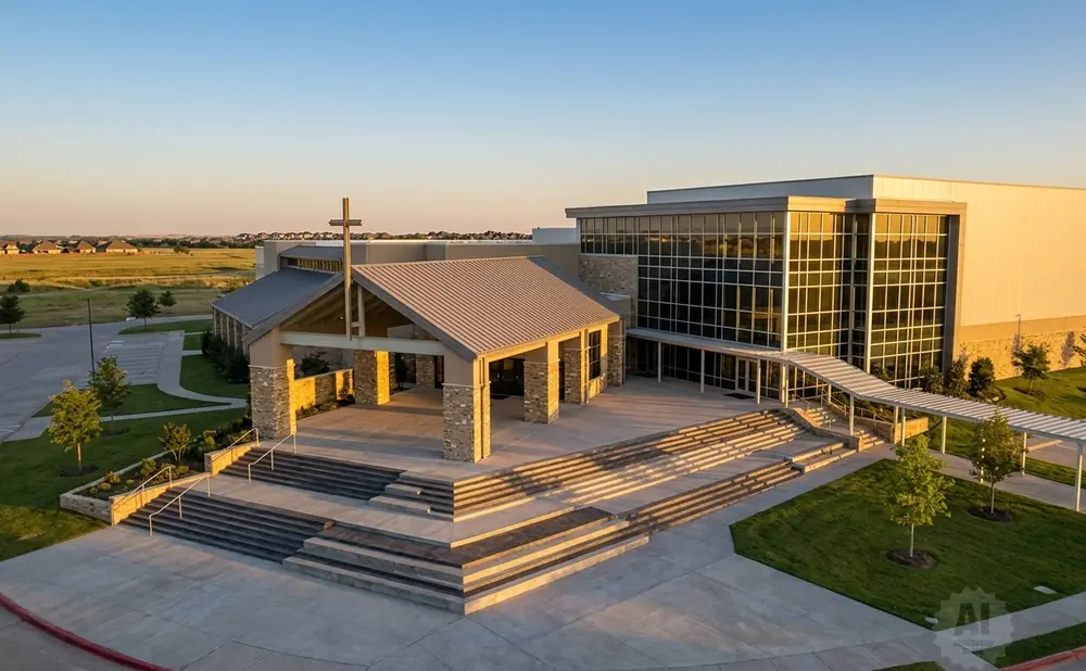 An aerial view of a modern church building with a large glass section and a traditional peaked entrance with a cross.