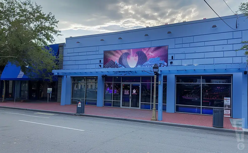 A blue building with a large mural featuring two abstract structures and a starry sky.