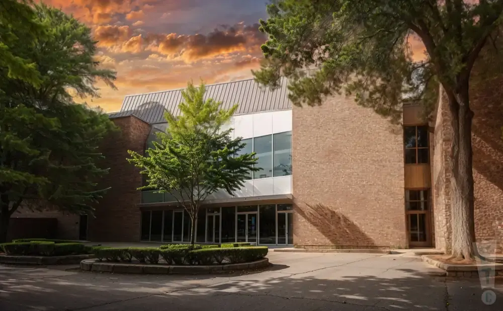 Exterior view of a brick building with large glass windows, surrounded by trees, under a dramatic sunset sky.