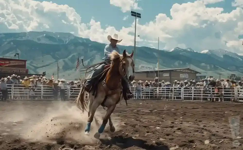 Cowboy on a bucking horse at a rodeo, with spectators and mountains in the background.