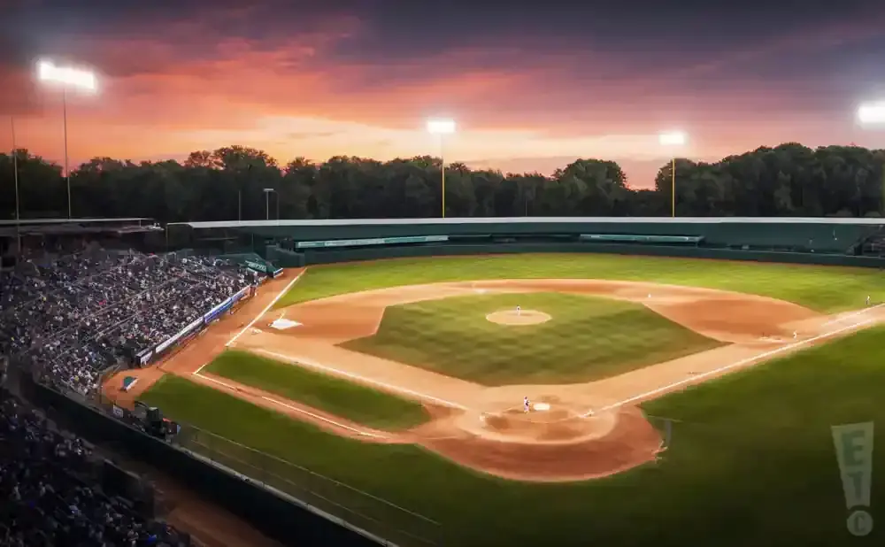 Baseball stadium at sunset with illuminated field and crowd.