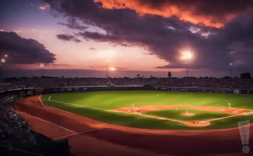 A baseball field at sunset with dramatic clouds and stadium lights.