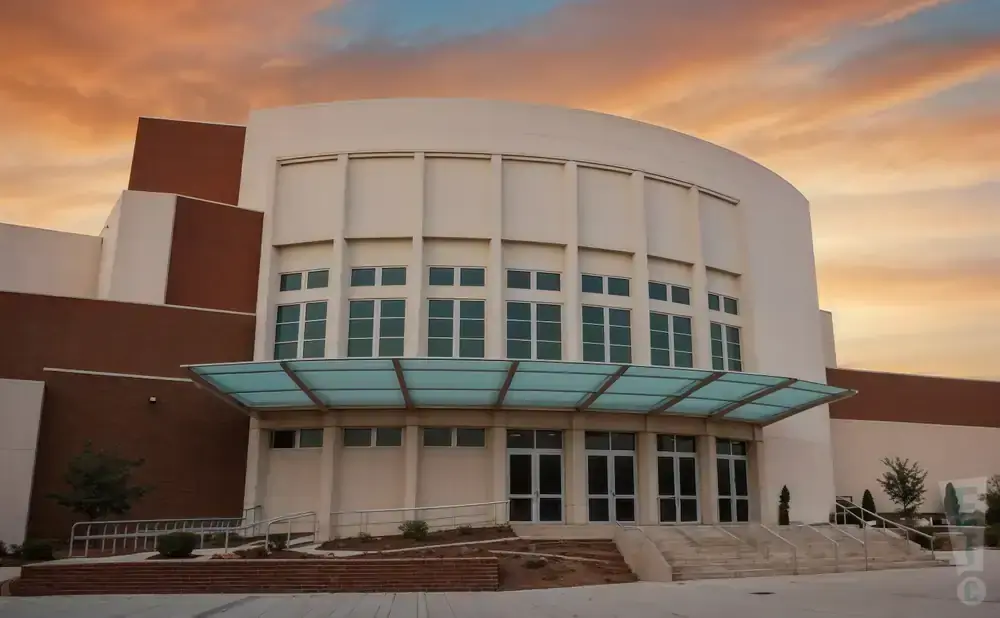 Modern building with curved facade and large windows under a dramatic sunset sky.