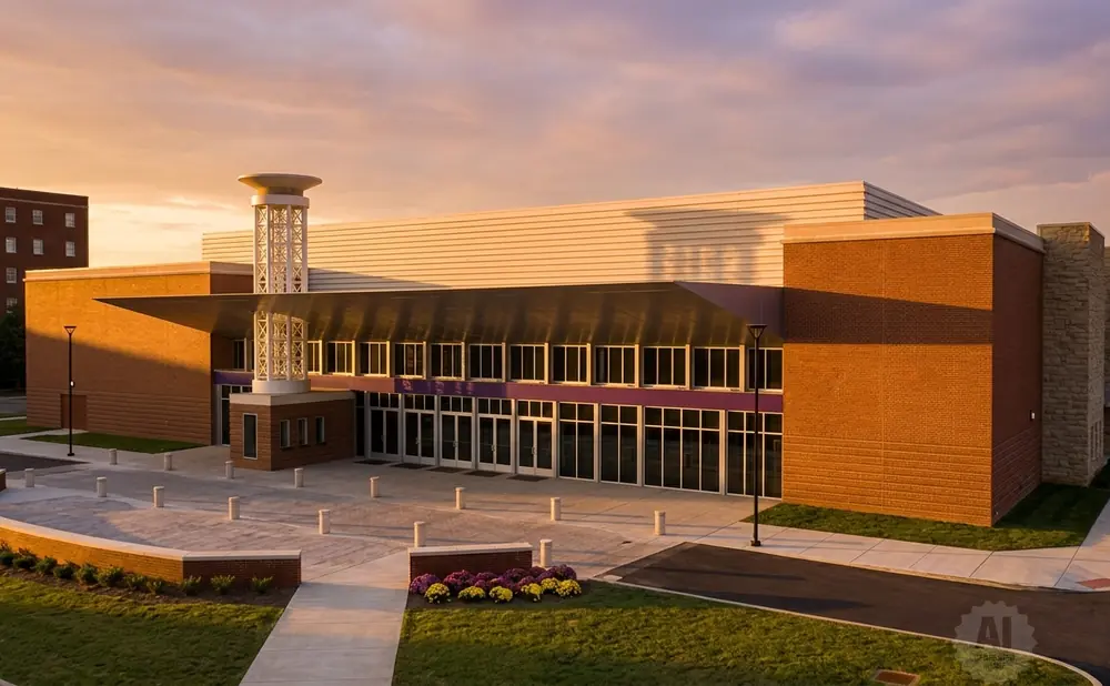 Modern brick building with large windows at sunset.