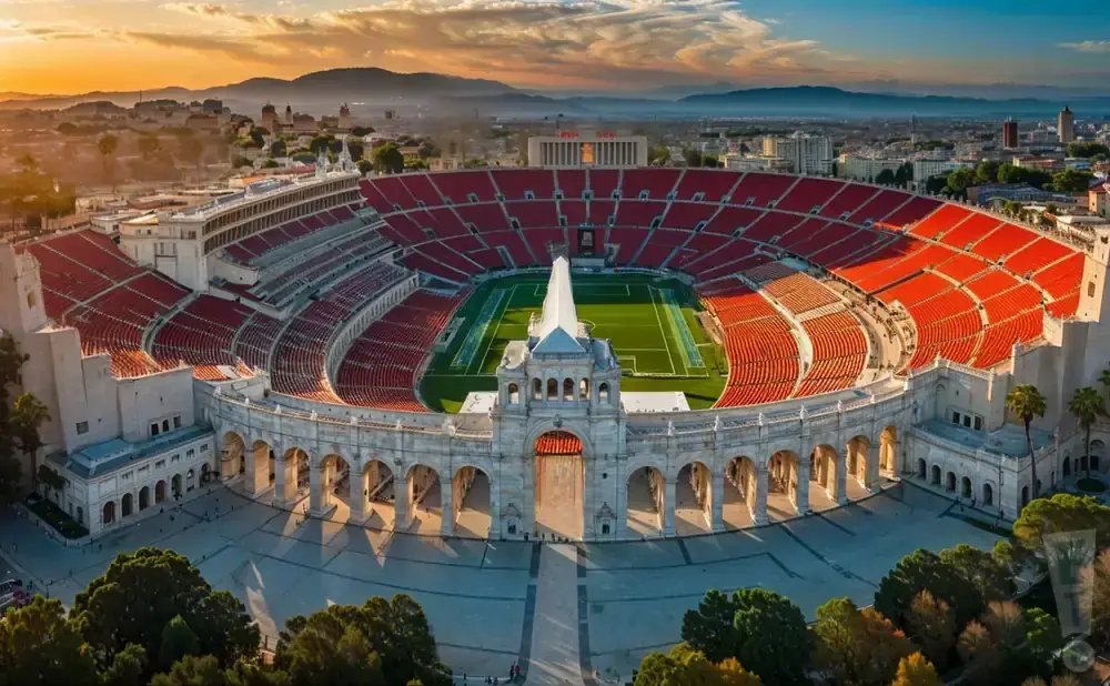 Aerial view of a grand, historic stadium with red seats, a green field, and classical architecture at sunset.