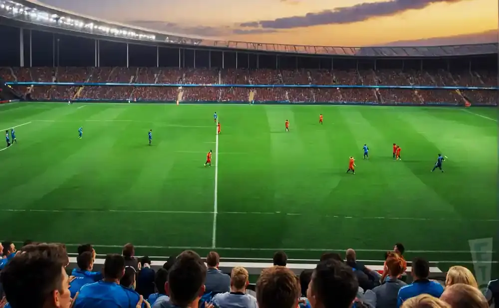 Soccer game at sunset in a stadium with a crowd of spectators.
