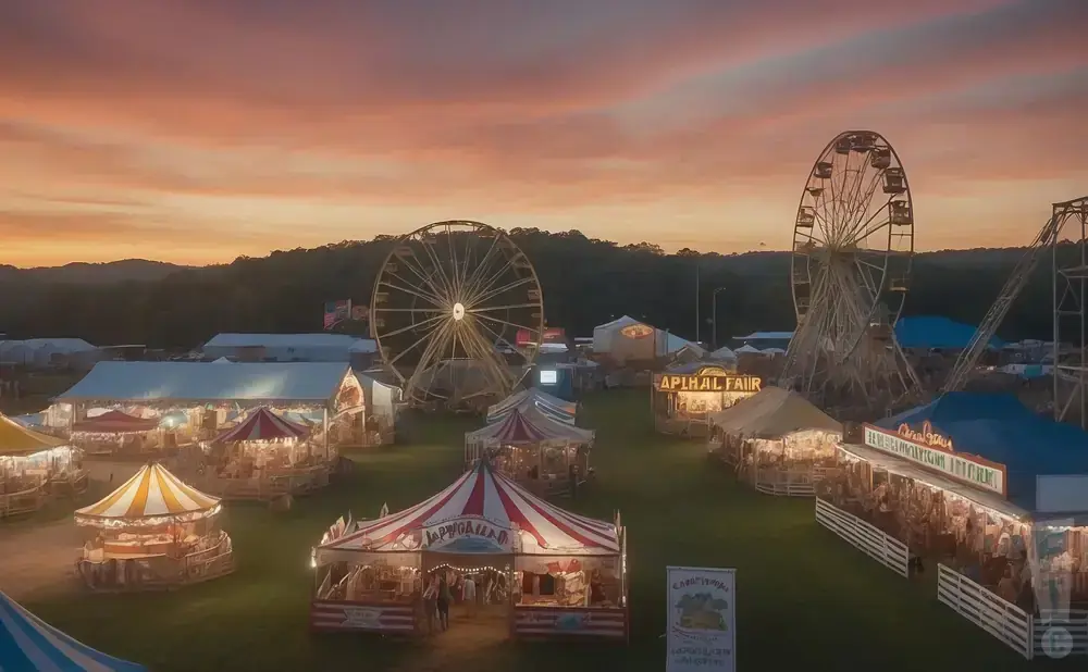 Aerial view of a fair at sunset with Ferris wheels, tents, and rides.