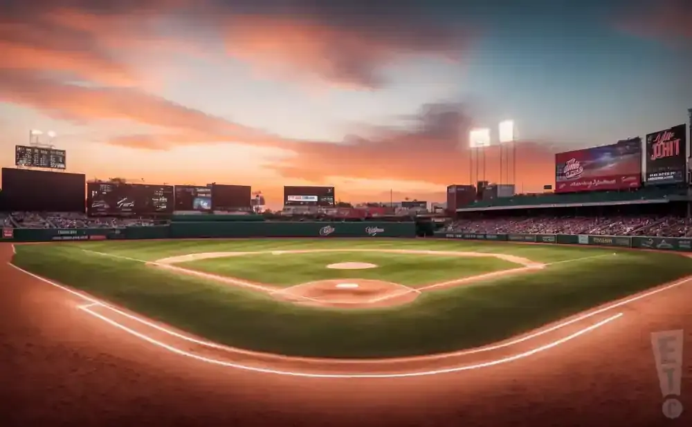 A baseball field at sunset with the sky painted in oranges and pinks.