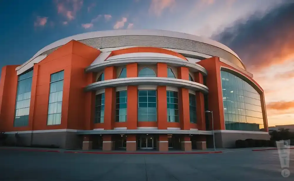 A modern orange and white domed building with large windows against a dramatic sunset sky.