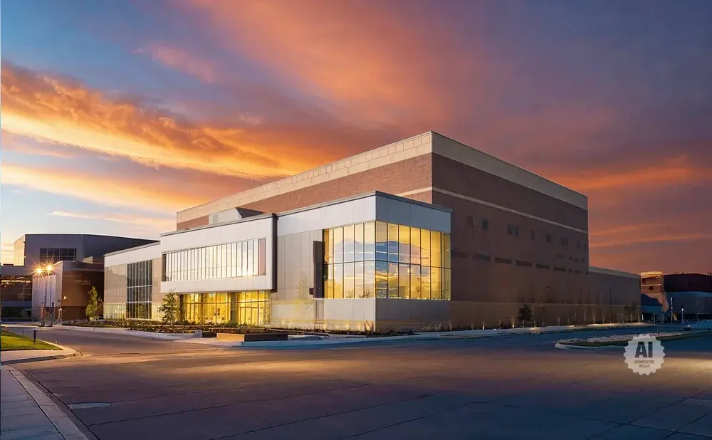 A modern building with large windows and brick accents under a dramatic sunset sky.
