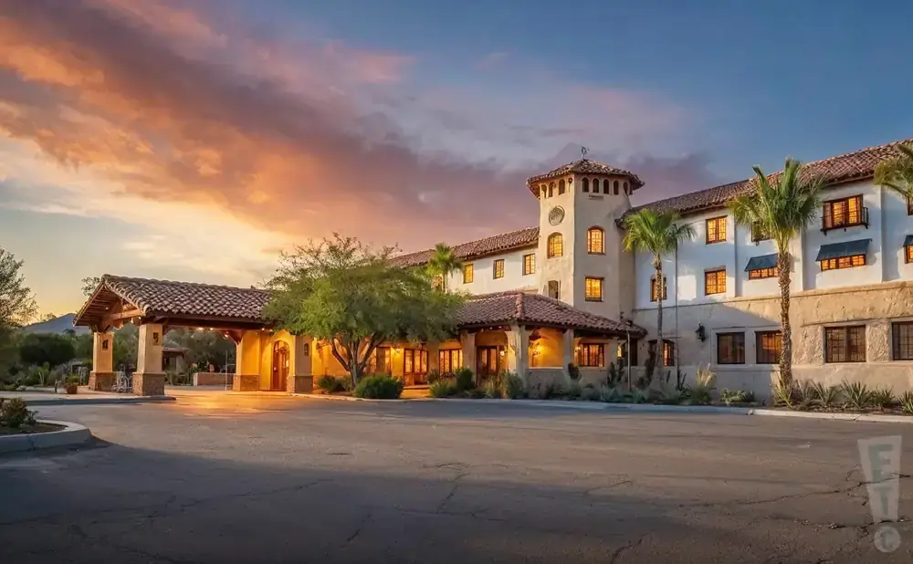 A Spanish-style hotel with a tower and arched entrance at sunset.
