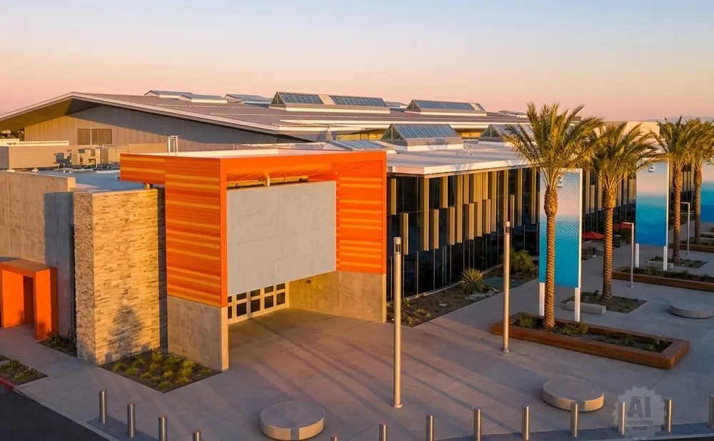 Modern building exterior with orange accents, stone facade, palm trees, and banners under a warm sunset.