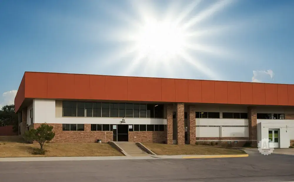 Modern building with orange and white facade, large windows, and stone accents under a bright sun.