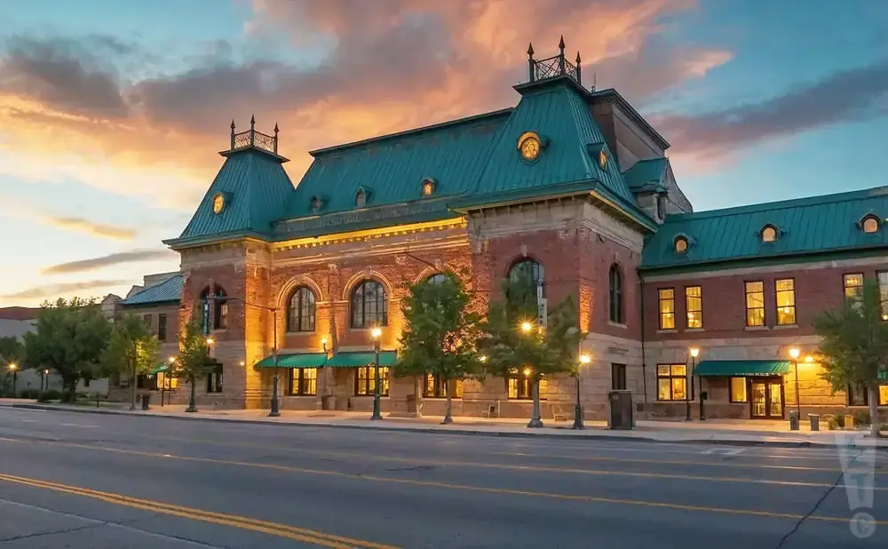 Victorian-style building with a teal roof at dusk.