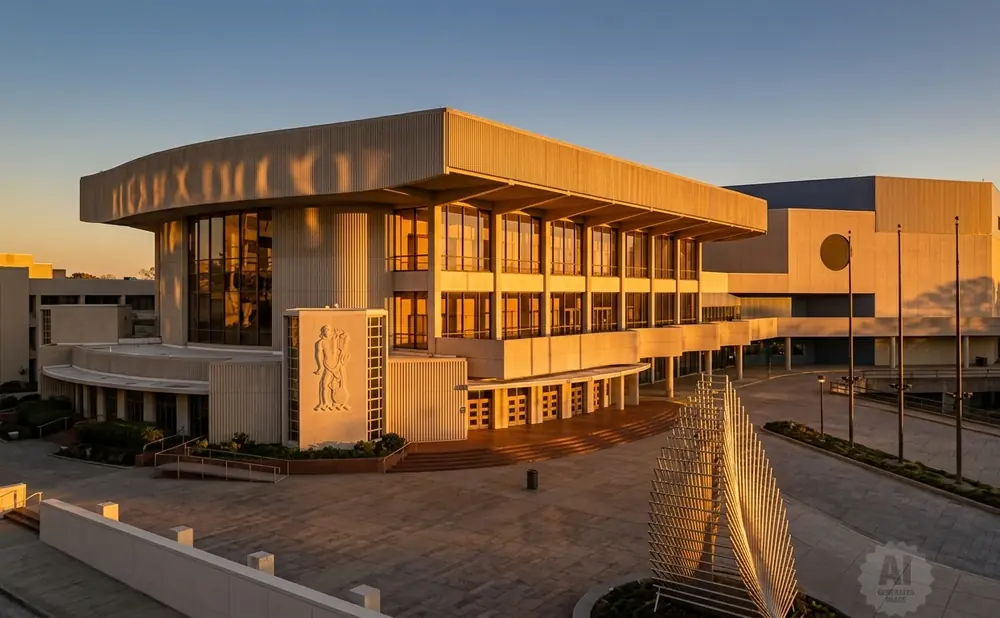 Modern building complex with large windows and geometric facade elements, bathed in golden hour light.