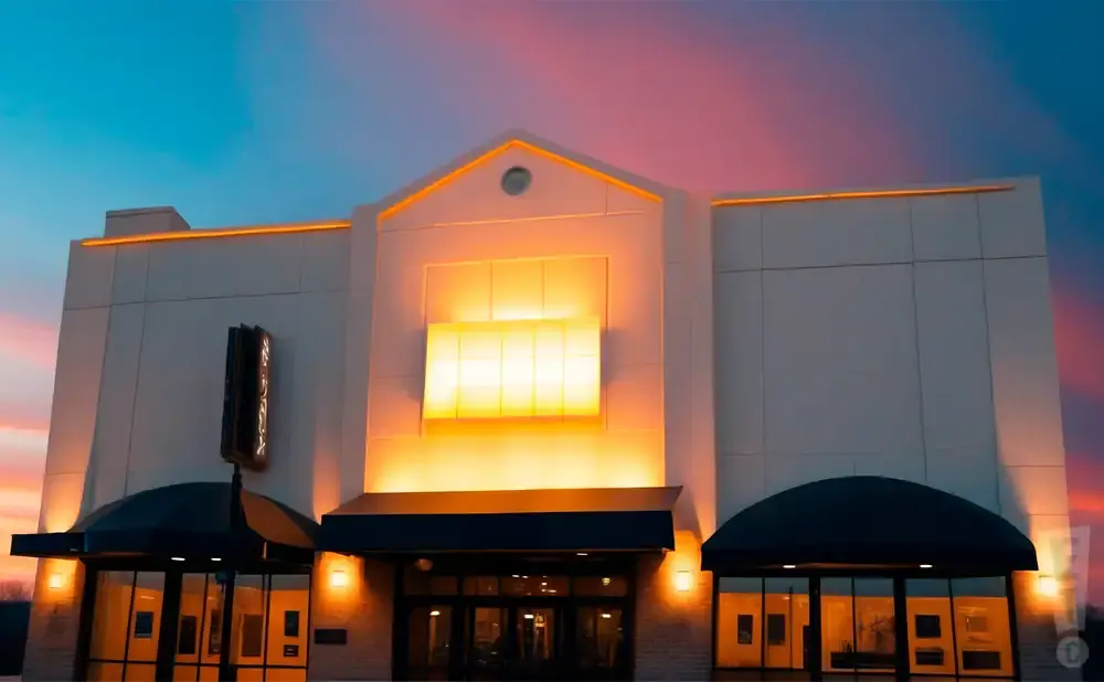 Exterior of a modern building with a marquee and illuminated windows at sunset.