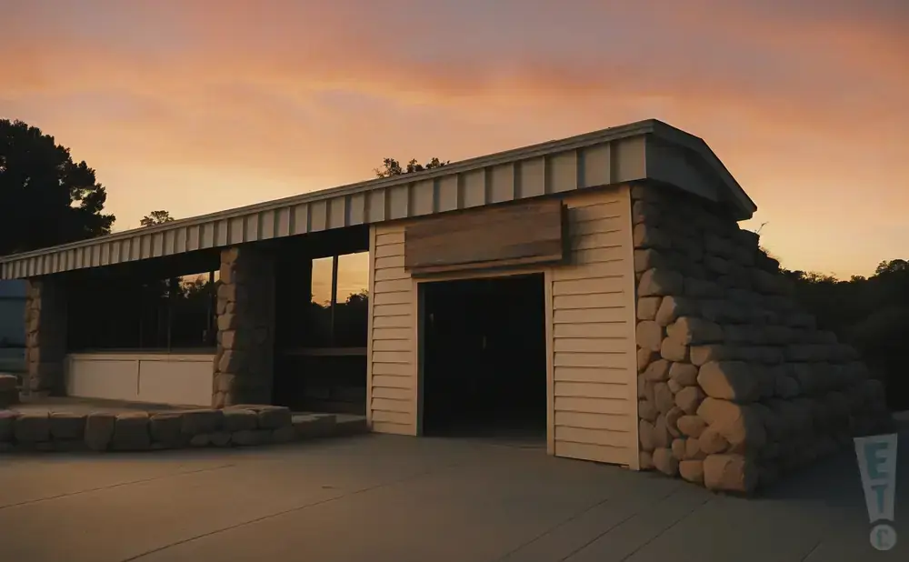 A rustic building with stone and wood accents under a colorful sunset sky.