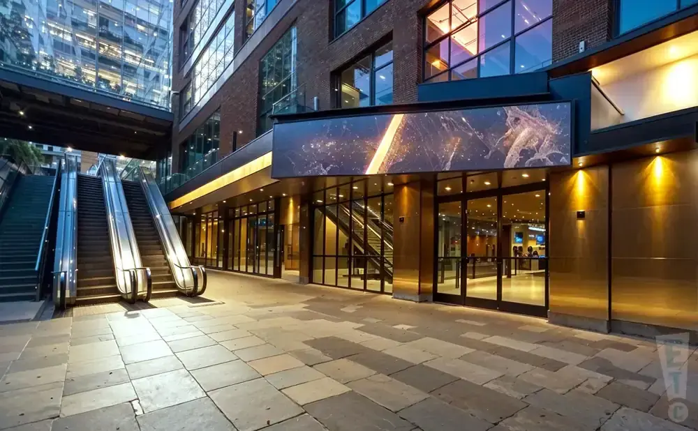 Escalators and stairs lead up to a modern building entrance with large glass doors and a digital display.