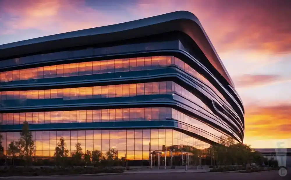 Modern office building with curved glass exterior reflects a vibrant sunset sky.