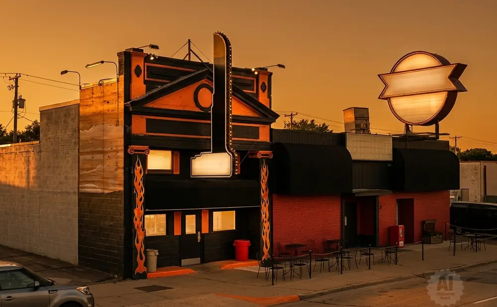 A retro diner with orange and black accents, featuring a tall illuminated sign and a circular sign at sunset.