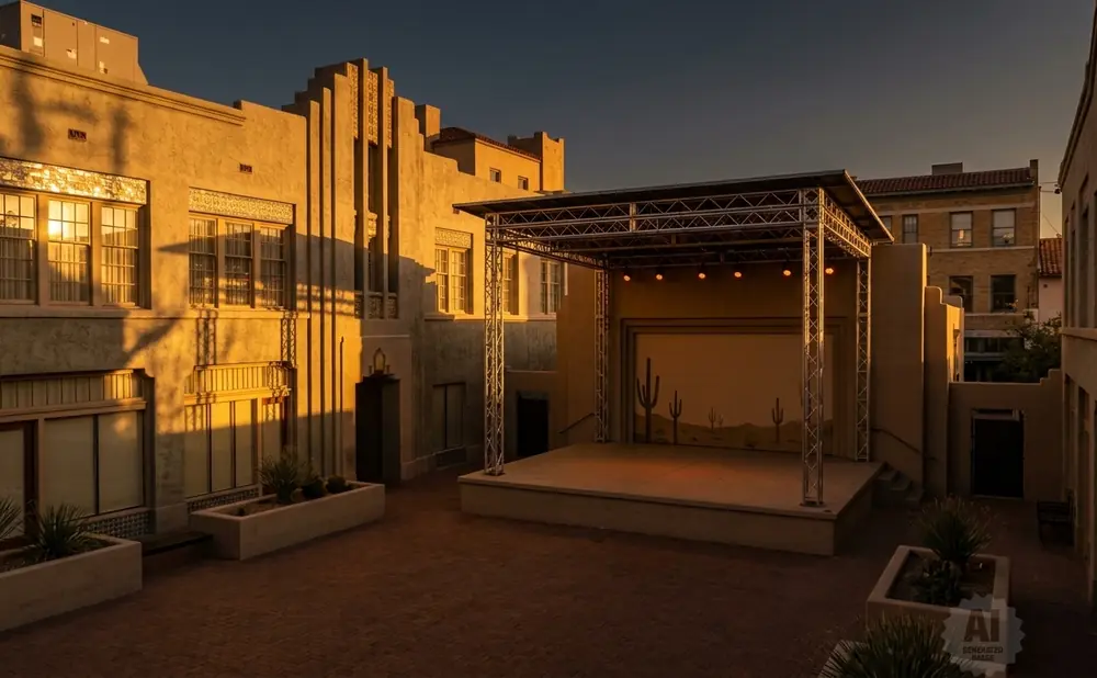 An outdoor stage with a desert mural is lit by golden hour sun in a courtyard.
