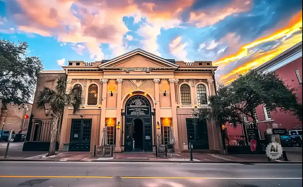 A tan building with arched windows and doors, under a colorful sunset sky.