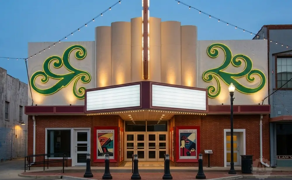 A vintage movie theater with neon green scrolls and marquee signs at dusk.