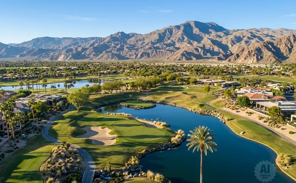Aerial view of a luxurious golf course with a lake, palm trees, and mountains in the background.