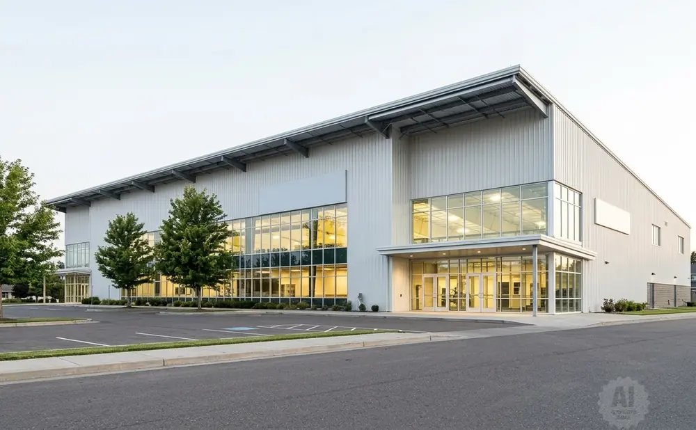 A modern, light-colored industrial building with large windows and a gray metal roof sits next to a parking lot.