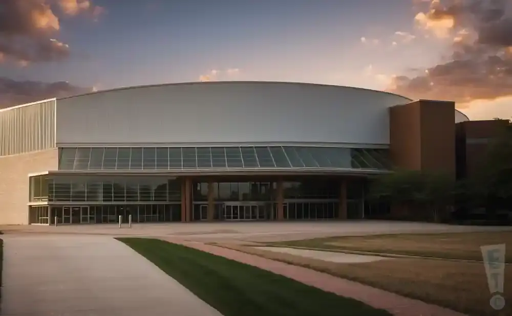 A modern building with a large, arched roof and glass facade, at sunset.