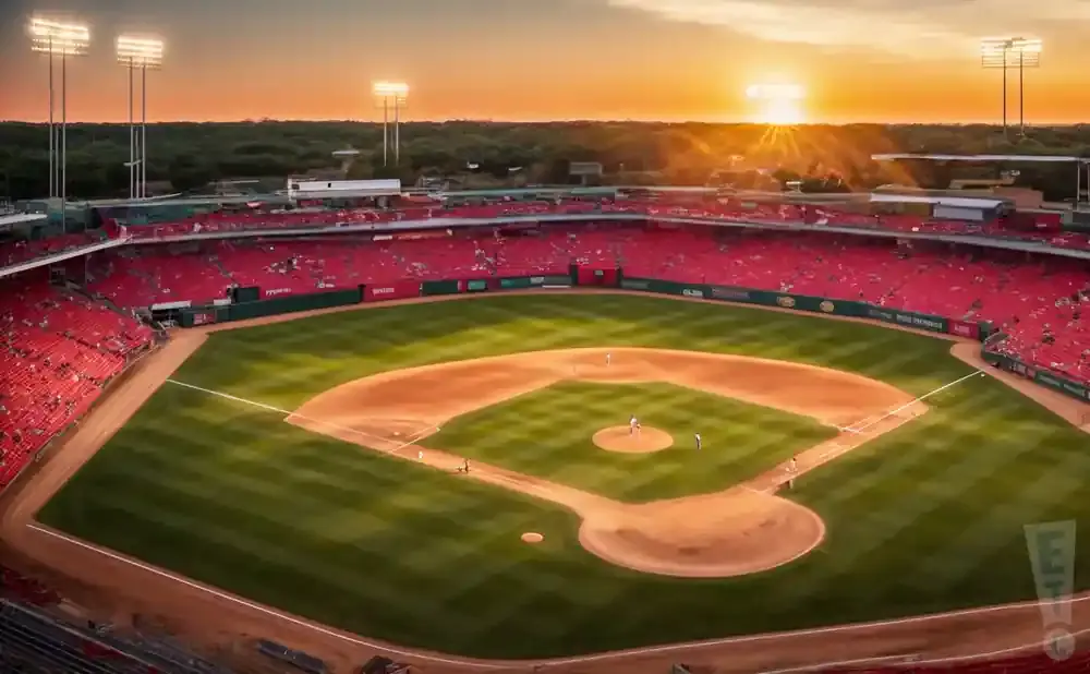 Aerial view of a baseball stadium with red seats and a diamond at sunset.