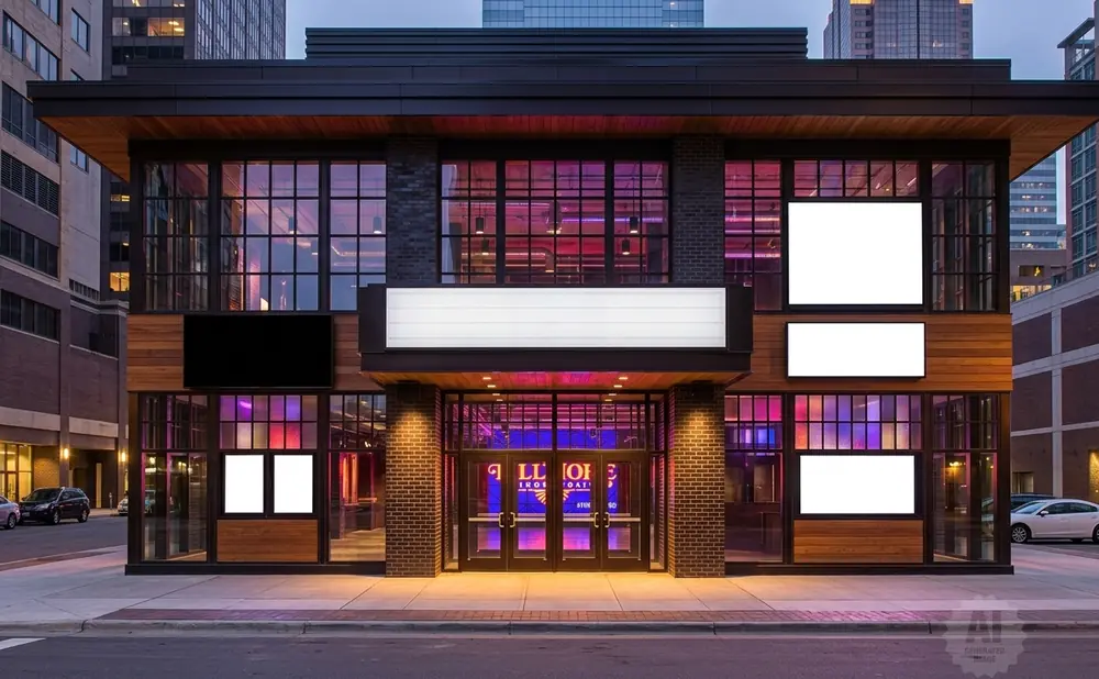 Modern building entrance with large windows, digital screens, and wood accents.