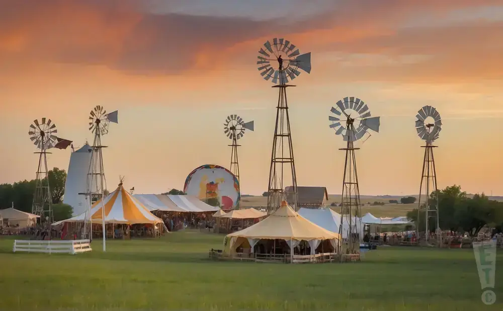 A festival scene with windmills, tents, and a hot air balloon at sunset.
