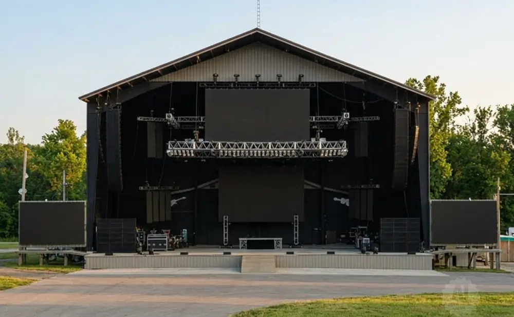 Outdoor concert stage with large screens, speakers, and lighting rig.
