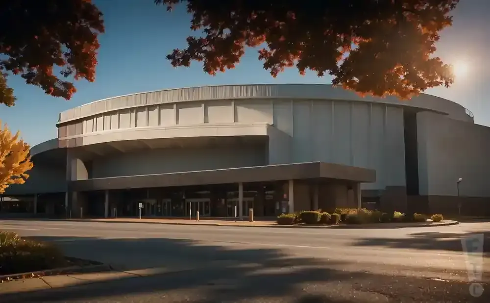 Circular arena building with a covered entrance and surrounding trees in autumn colors.