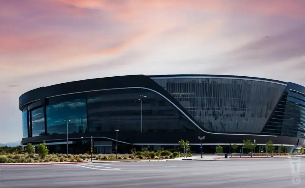 Allegiant Stadium, home of the Las Vegas Raiders, with a modern black exterior under a pink sky.