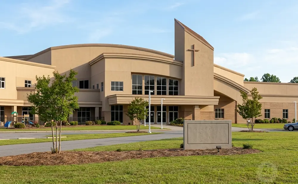 A modern tan church with a cross above the entrance, surrounded by green lawns and trees.