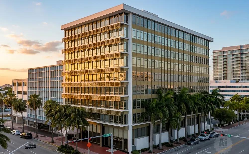 Golden hour light on a modern glass building with decorative screens, lined with palm trees and cars on a street.