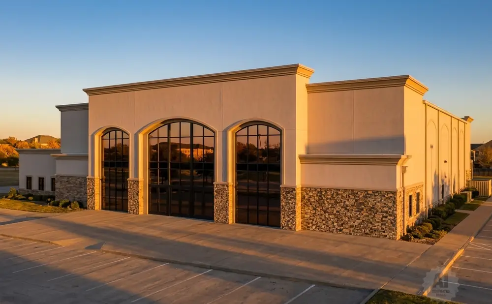 An aerial view of a modern building with arched windows and stone accents.