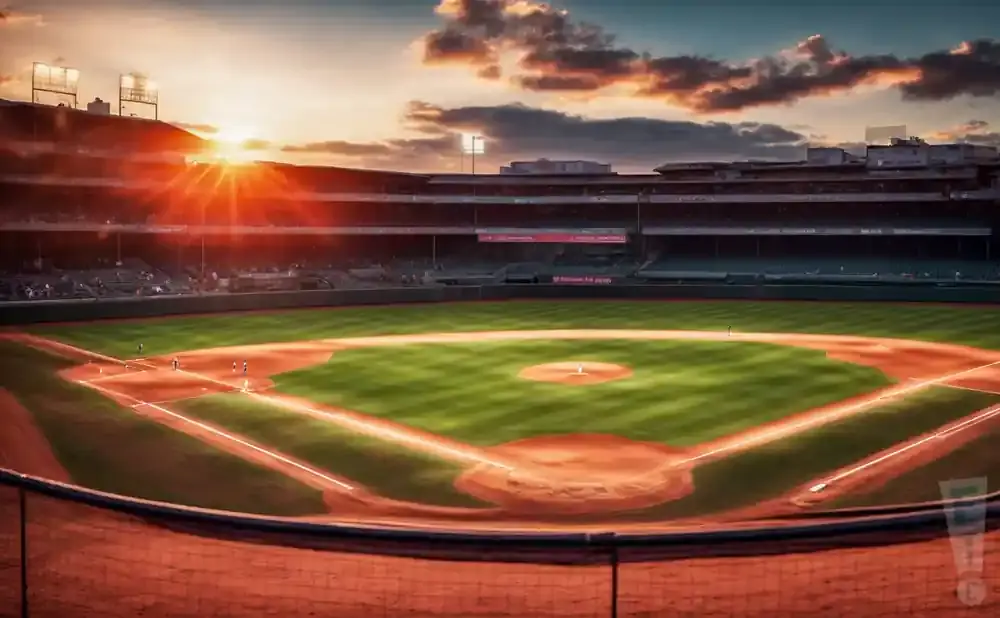 Baseball stadium at sunset with the sunbeams shining over the stands and the field.