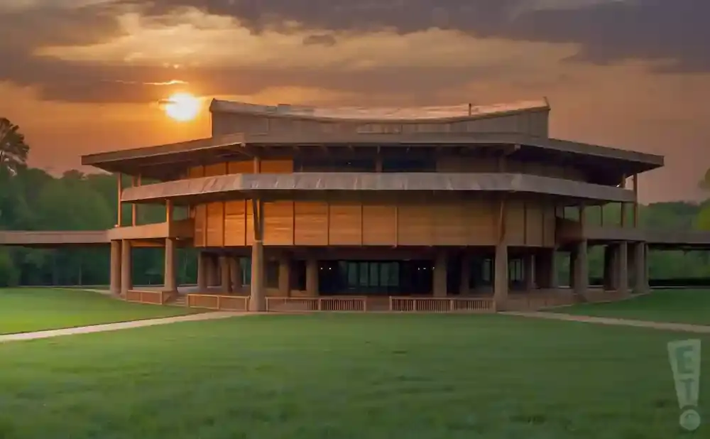 Sunset over a modern, octagonal building on stilts surrounded by a grassy lawn.