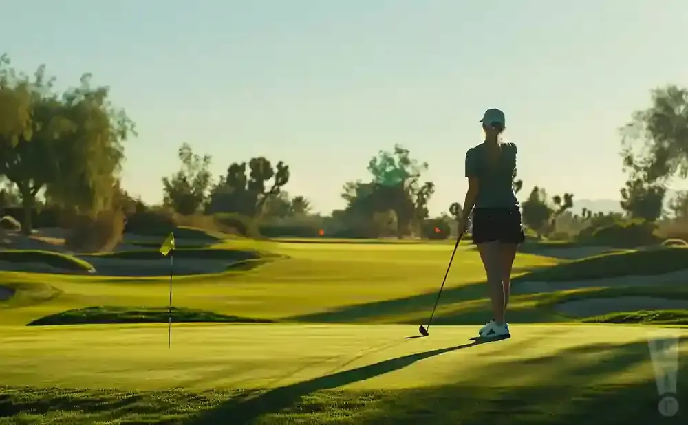 Golfer on a sunny course, preparing to putt, with a flag and rolling green hills in the background.